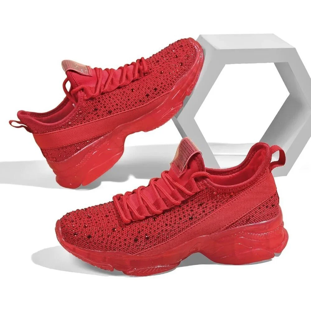 Women's Rhinestone Mesh Slip On Walking Breathable Glitter Red Sneaker Shoes